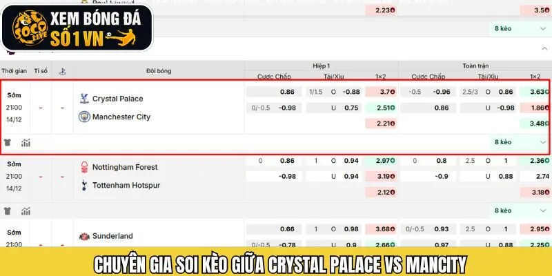 Soi kèo trận Crystal Palace vs Manctiy